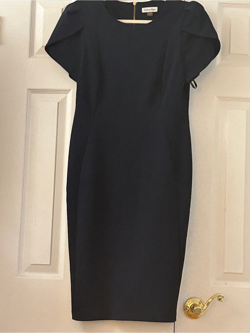 Calvin Klein Sheath Dress Size 12 Navy Blue Tulip Sleeve Workwear Corporate Mode